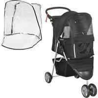 PawHut Pet Travel Stroller with Rain Cover, 3 Wheels Foldable Cat Dog Pushchair with Storage Basket and Cupholder, Black Aosom UK