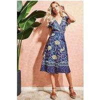 Goddiva Floral Print Wrap Midi With Flutter Sleeves - Navy Print