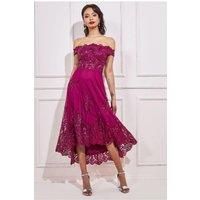 Goddiva Women's Bardot Sequin & Lace High Low Midi in Magenta | Size: 12