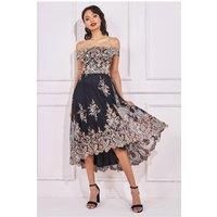 Goddiva Women's Bardot Sequin & Lace High Low Midi in Medium Beige | Size: 10