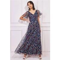 Goddiva Women's Flutter Sleeve Floral Embroidered Maxi in Navy | Size: 8