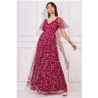 Goddiva Women's Flutter Sleeve Floral Embroidered Maxi in Wine | Size: 12