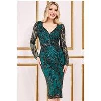 Goddiva Full Sleeve Sequin Midi Dress - Emerald Green