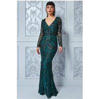 Goddiva Full Sleeve Sequin Evening Dress - Emerald Green