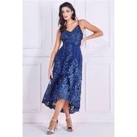 Goddiva Women's Dipped Hem Sleeveless Lace Midi in Navy | Size: 12