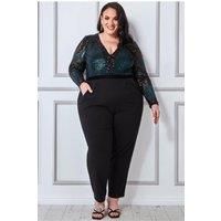 Goddiva Plus Sequin & Mesh Jumpsuit - Emerald Green