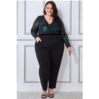 Goddiva Plus Sequin & Mesh Jumpsuit - Emerald Green