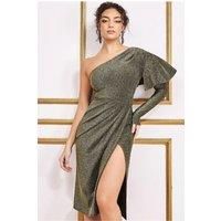 One Sleeve Frill Sparkling Midi Dress