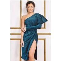 One Sleeve Frill Sparkling Midi Dress