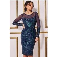 Goddiva Women's Long Sleeve Sequin Flame Midi Dress in Navy | Size: 8
