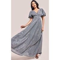 Goddiva Women's Sequin Sparkling Flutter Sleeve Maxi Dress in Silver | Size: 10