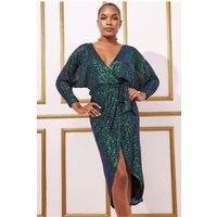 Goddiva Wrap Style Sequin Midi Dress - Green