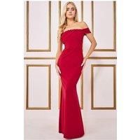 Goddiva Pleated Bardot Scuba Maxi Dress - Wine