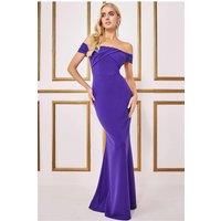Goddiva Pleated Bardot Scuba Maxi Dress - Purple