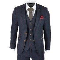 Mens Herringbone Tweed Suit 3 Piece Navy Blue Peaky Blinders 1920s Tailored Fit
