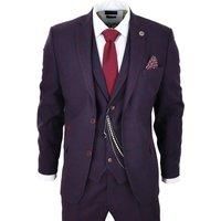 Mens 3 Piece Tweed Suit Plum Purple Check Peaky Blinders Classic 1920 Gatsby