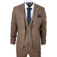 Mens 3 Piece Wool Suit Oak Brown Tweed Herringbone Check Peaky Blinders Gatsby