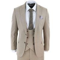 Mens Tweed 3 Piece Suit Oak Beige Double Breasted Formal Tailored Wedding Suit