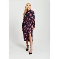 Abstract Ikat Print Midi Lace Up Dress In Black And Pink