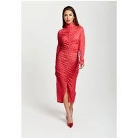 Distorted Houndstooth Print Fitted Midi Dress With High Neck & Ruching Detail