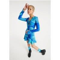 Aqua Mesh Abstract Wire Print Long Sleeve Dress With A Front Cut Out Detail