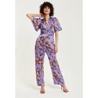 Purple Floral Wide Leg Jumpsuit With Angel Sleeves