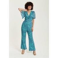Blue Animal Print Knot Front Jumpsuit
