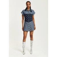Two Tone Denim Star Print Short Sleeve Skater Dress 10 / Blue / 100% Cotton