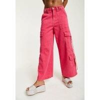 Hot Pink Denim Wide Leg Cargo Trousers