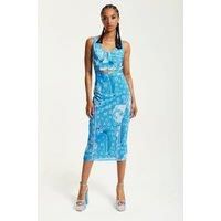 Denim Print Midi Dress With Cut Out