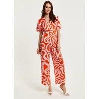 Pink And Red Abstract Print Jumpsuit With Short Sleeves