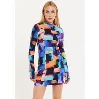 Abstract Patchwork Print Dress With Open Back Detail