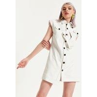 Rocker Faux Leather Twist Button Down Dress Off White