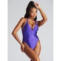 South Beach Moulded Cup Halterneck Swimsuit - Purple
