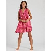 South Beach Metallic Jaquard Sleeveless Tiered Knee Length Dress - Pink