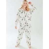 Chelsea Peers Curve Cotton Cream Giraffe Print Revere Collar Button Up Long Pyjama Set