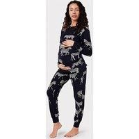 Chelsea Peers Maternity Navy Zebra Print Crewneck Long Pyjama Set