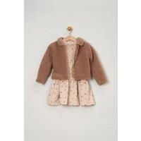 Miss Girl's Fur Jacket & Dress Outfit Set in Medium Beige | Size: 9-12 m