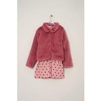 Miss Girl's Fur Jacket & Dress Outfit Set in Pink | Size: 12-18 m