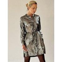 Religion Metallic Long Line Fold Tunic Dress With Skinny Waist Tie - Grey