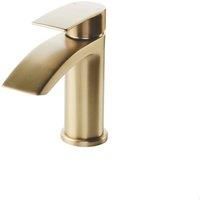Modern Bathroom Mono Basin Sink Mixer Tap Curved Spout Lever Brushed Brass 1 TH