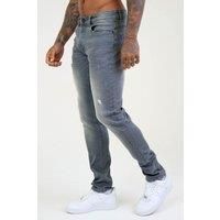 Voi London Men's Taper Fit Distressed Stretch Jeans in Mid Grey | Size: 40R