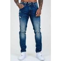 Voi London Men's Taper Fit Distressed Stretch Jeans in Mid Blue | Size: 30R