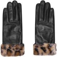 Barneys Originals Women's Real Leather Glove With Leopard Faux Fur Cuff in Black | Size: Small/Medium