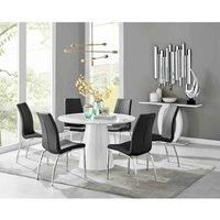 PALAMA White High Gloss Round Pedestal Dining Table & 6 Faux Leather Isco Chairs