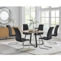 SANTORINI Brown Wood Round Dining Table And 6 Faux Leather Murano Chairs