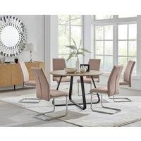 SANTORINI Brown Wood Round Dining Table And 6 Faux Leather Lorenzo Chairs