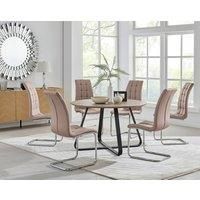 SANTORINI Brown Wood Round Dining Table And 6 Faux Leather Murano Chairs