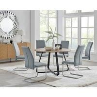 SANTORINI Brown Wood Round Dining Table And 6 Faux Leather Lorenzo Chairs