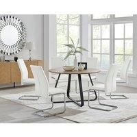 SANTORINI Brown Wood Round Dining Table And 6 Faux Leather Lorenzo Chairs
